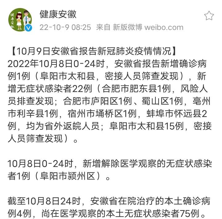 安徽10月8日肺炎疫情最新通报，新增本土确诊病例2例，多地调整防控措施