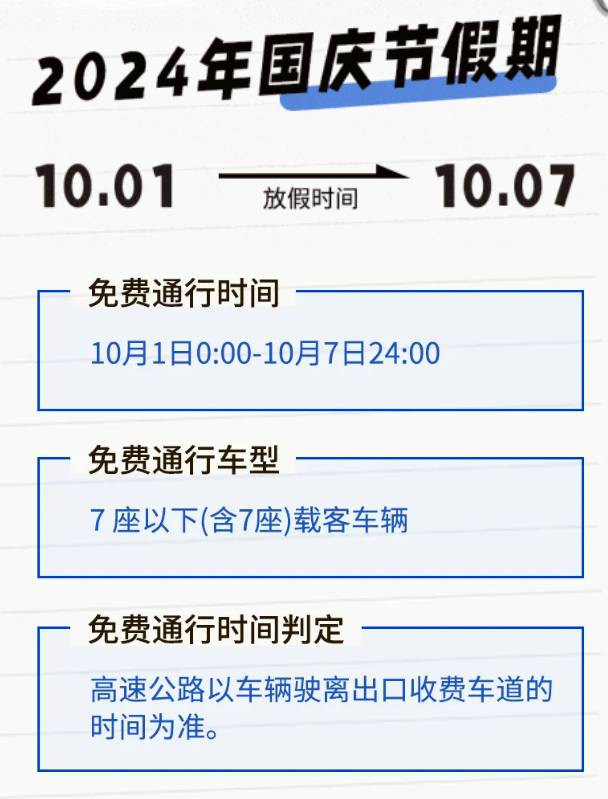 十一高速免费到几号？2024年国庆假期免费通行政策详解