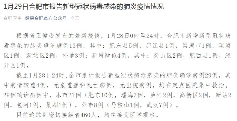 安徽合肥报告新增新型冠状病毒肺炎确诊病例 疫情防控措施全面加强